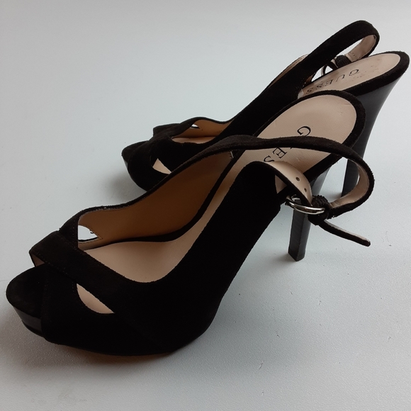 Guess Brown Suede Peep Toe Slingback Heels - Picture 2 of 6